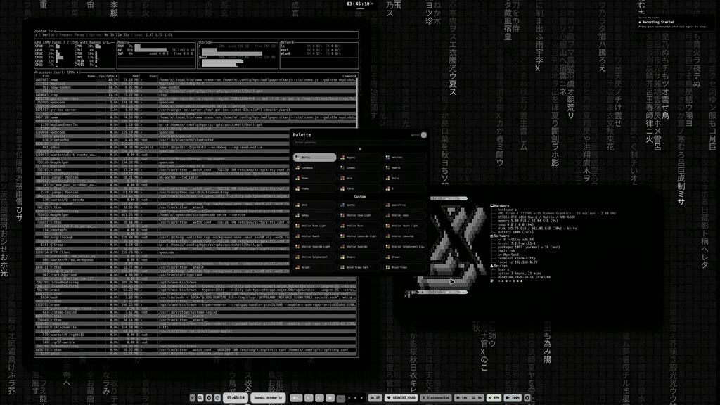 X Linux desktop demo — xtop and xfetch on Hyprland