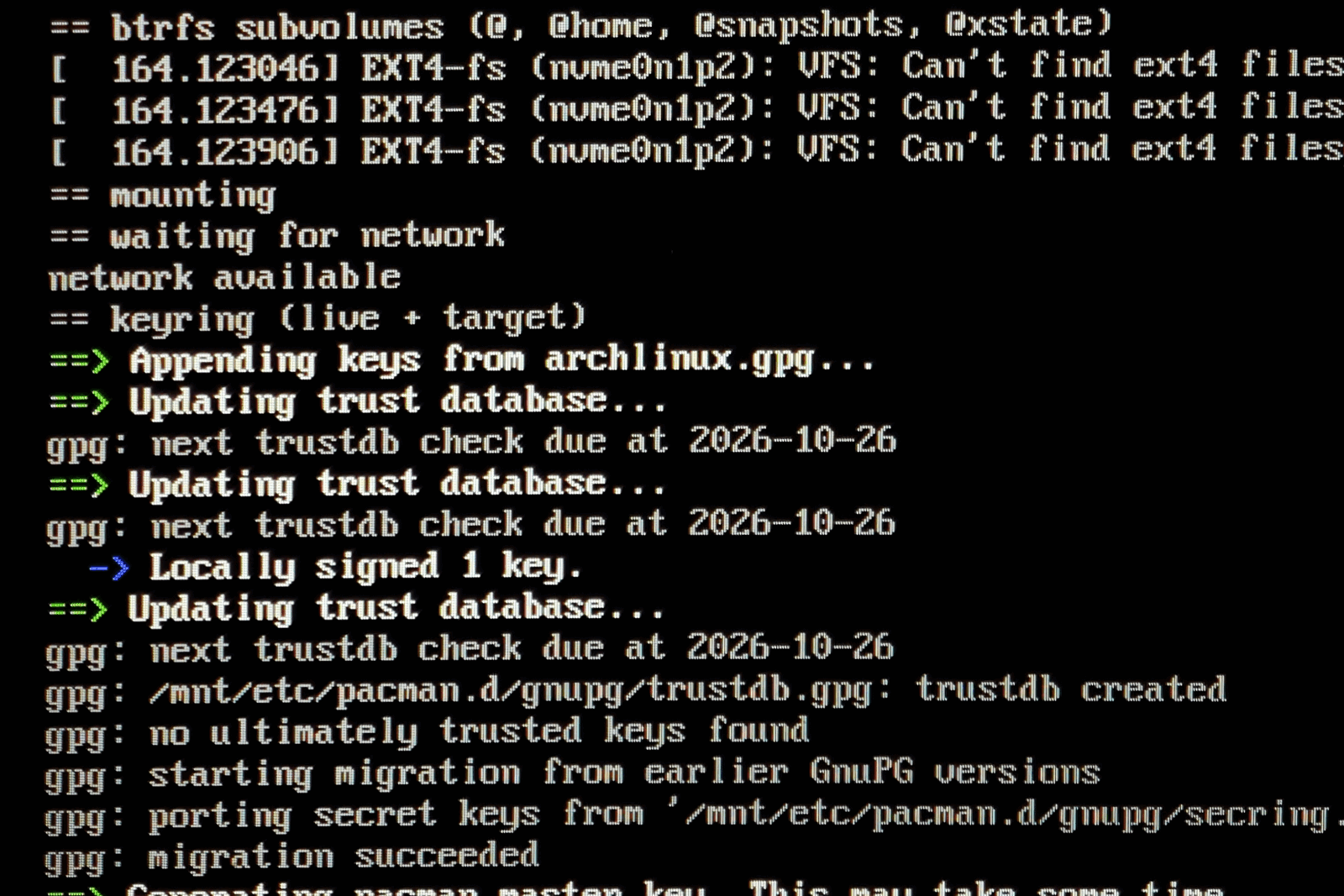 Text installer: btrfs subvolumes and keyring